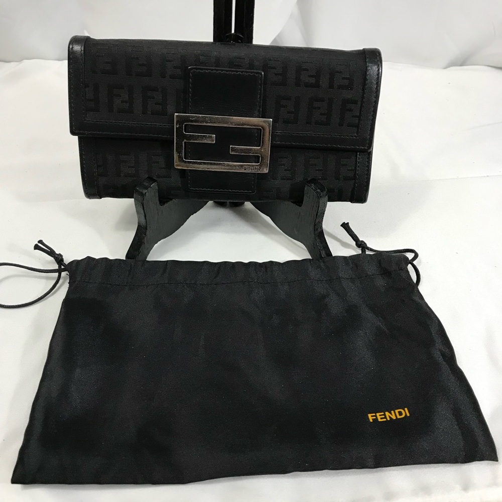 Fendi Zucchino Vintage Black Logo Flap Wallet Clutch with Silver Buckle EUC